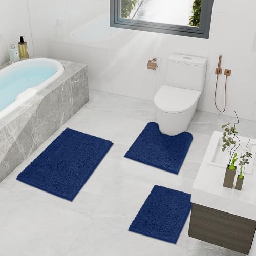 TREETONE Bathroom Rugs Sets, Thick Soft Absorbent 3 Piece Chenille Bath Rugs, Non-Slip, Dry Quickly, Machine Washable, Shaggy Mats with U-Shaped Toilet Rug for Bath Floor, Tub and Shower, Navy Blue - color: Navy Blue, size: 16"x24"+20"x32"+U Shape 20"x20"