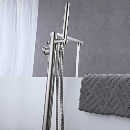 Wowkk Freestanding Bathtub Faucet Tub Filler Brushed Nickel Floor Mount Brass Single Handle Bathroom Faucets with Hand Shower - color: Brushed Nickel, style: Classic
