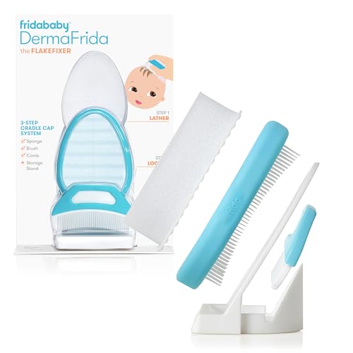 Frida Baby The 3-Step Cradle Cap System, DermaFrida The FlakeFixer, Sponge, Brush, Comb and Storage Stand for Babies with Cradle Cap, White-Blue - style: 3-Step Flake Fixer System