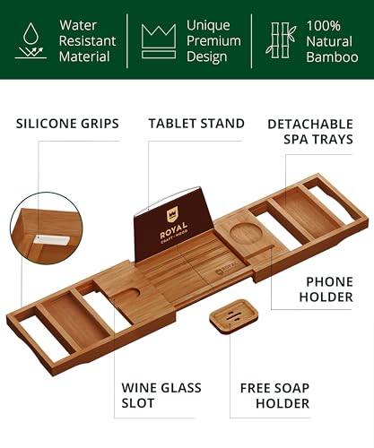 ROYAL CRAFT WOOD Premium Foldable Bathtub Tray Caddy - Wood Bath Tray for Tub, Bamboo Shelf, Expandable Bath Table Trays, Bathtub & Bathroom Accessories for New Home & Mothers, Birthday Gifts for Mom - color: Brown