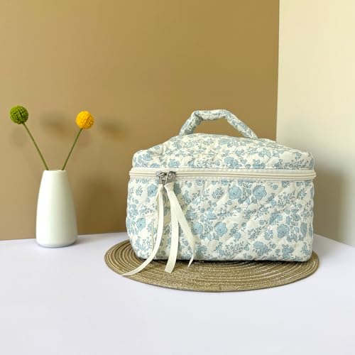 Sminra Makeup Bag Large Travel Quilted Cosmetic Makeup Bag Organizer, Floral Cotton Coquette Aesthetic Toiletry Bag for Women Girls (Blue Floral-L) - color: Blue Floral-L