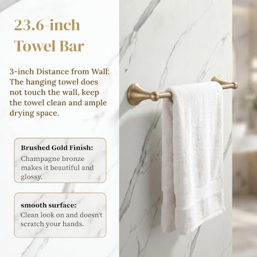4 Piece Gold Bathroom Hardware Set - Brushed Gold Bathroom Accessories, 23.6 Inch Towel Bar | Towel Hook | Toilet Paper Holder | Hand Towel Holder (Champagne Bronze) - color: Champagne Bronze