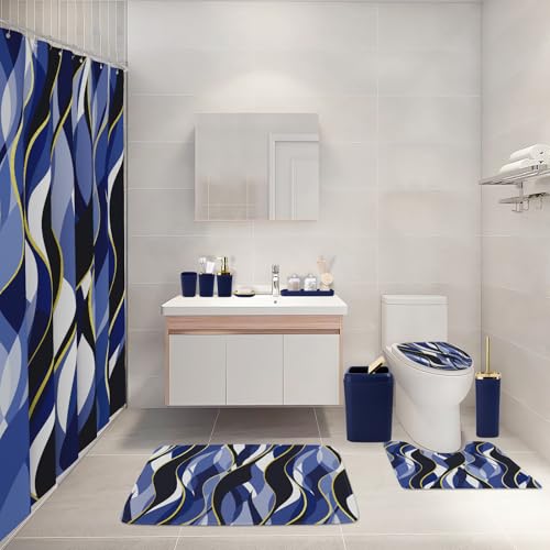 XLHOMO Bathroom Set - Blue and Gold Bathroom Accessories, Bathroom Sets with Shower Curtain and Rugs, Navy Blue Shower Curtain Set with Bathroom Trash Can, Soap Dispenser, Soap Dish for Home Decor - color: Stripe Blue & Gold, size: Complete Set + Bath Rug