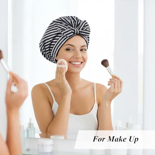 4 Pcs Shower Cap for Women Reusable Waterproof, Adjustable Bowknot Satin Nylon Bath Hair Caps, Elastic Hem Turban for Long Short Curly Hair, Banana Tree Solid Pink Black Stripe