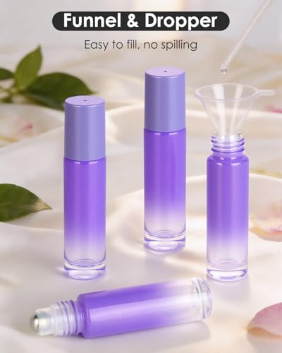 Worldgsb 12 Pack Essential Oil Roller Bottles, 10ml Refillable Glass Roller Bottles with Stainless Steel Roller Balls and Caps for Travel, Perfume and Lip Gloss Purple Gradient - color: Purple-Gradient, style: 12 Pack