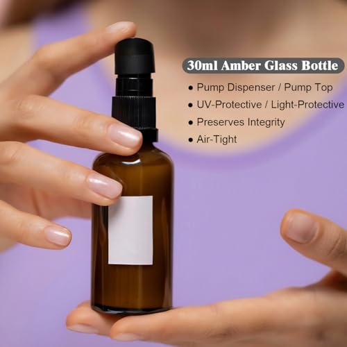 6Pack 30ml Amber Glass Pump Bottle with Black Top,1oz Small Dispenser, Travel Size Refillable Botttles for Lotions,Sercums,Essential Oils - color: 1oz Amber(6pcs)