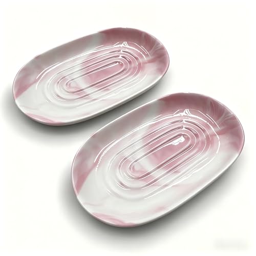 Ceramic Marble Pattern Soap Dish, Textured Raised Soap Saver Tray for Shower Bathroom Kitchen Sink Vanity, Easy to Clean Multi-Use Holder for Bar Soap Jewelry Rings Keys, Red (2 Pack) - color: Red 2p