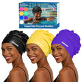3 Pack Extra Large Swim Cap for Braids & Dreadlocks - Waterproof Silicone Swim Hat for Women with Long Thick Hair, Protective Swim Cap Cover Ears for Swimming, Shower, Bathing - color: Black+Purple+Yellow