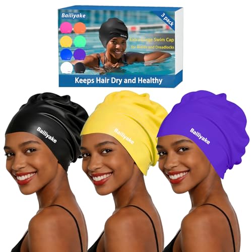 3 Pack Extra Large Swim Cap for Braids & Dreadlocks - Waterproof Silicone Swim Hat for Women with Long Thick Hair, Protective Swim Cap Cover Ears for Swimming, Shower, Bathing - color: Black+Purple+Yellow