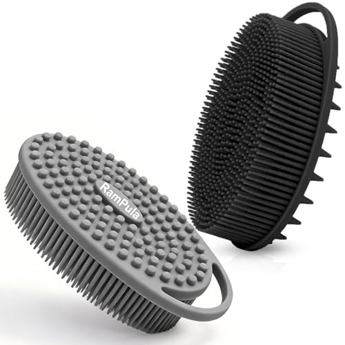 RamPula Silicone Body Scrubber, Silicone Loofah, Bath Cleaning Scrubber, Shower Sponge Glove, Exfoliating Body Brush for Wet or Dry Brushing, More Hygienic Than Traditional Loofah (Black and Grey) - color: Black and Grey