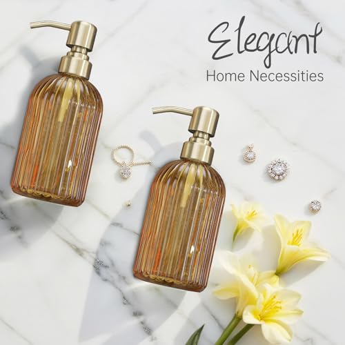 16 OZ Amber Glass Soap Dispenser, Amber Stripe Bathroom Hand Soap Dispensers with Stainless Steel Brushed Gold Pump,Brown Glass Kitchen Hand Soap Dispenser with Brushed Gold Pump - color: Brushed Gold + Amber, size: 1-Pack