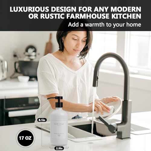 Kitchen Soap Dispenser - Hand and Dish Soap Dispenser Set, Bathroom Glass Soap and Lotion Dispenser with Pump, Tray, 14 Waterproof Labels, Set of 2 White Bottle/Black Pump-pd - color: White Bottle/Black Pump + Tray