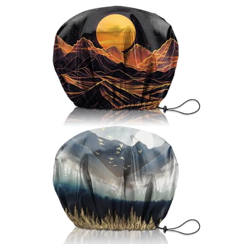 2 PCS Shower Cap Reusable Waterproof Double Layers Hair Caps Shower Bath Adjustable Elastic Hat for Women Girls Cute Aesthetic-Sunset Forest - color: AI9-Sunset Forest