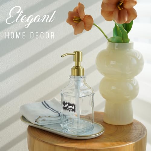 JASAI Antique Square Glass Soap Dispenser with Golden Rust Proof Pump, Refillable soap Dispenser with 10Pcs Stickers for Kitchen, Dish Soap Dispenser for Kitchen Bathroom Soap, Hand soap, Lotion. - color: 1 Pack Golden