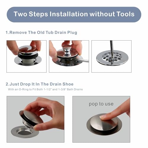 Brushed Bathtub Drain Stopper,Universal Pop Up Bath Drain, Hidrop Tip Toe Tub Drain Stopper,Conversion Kit Assembly, Replaces Lift and Turn,Tip-Toe and Trip Lever drains for Tub, EZ Install(Brushed) - color: Brushed