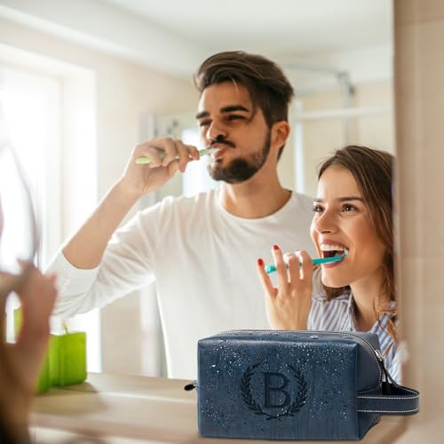 Personalized Gifts Travel Toiletry Bag for Men Engraved Initial PU Leather Waterproof Shaving Bag for Toiletries Accessories Fathers Day Birthday Gift for Men Dad Husband Son, Dark Blue Q - color: Dark Blue, style: Q