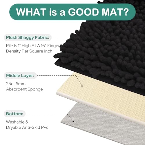 HOMEIDEAS Black Bathroom Rug Sets 2 piece, Ultra Soft Non Slip Absorbent Chenille Toilet Bath Mat Set (Black) - color: Black-black, size: 1'8" x 2'8" (U Shape 20"x24"+20"x32")