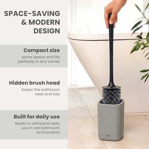 Vigar Zense Toilet Brush and Holder Set - Toilet Bowl Brush and Holder, Polyresin Stone Bathroom Accessory, Compact Toilet Cleaner Brush for Bathroom Decor and Toilet Accessories Set - Concrete - color: Concrete