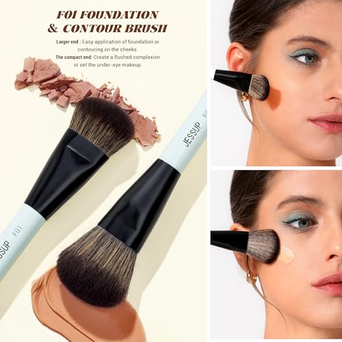 Jessup Face Makeup Brushes with Makeup Sponge, 3pcs Double Ended Makeup Brush for Foundation Contour Blush Highlight and Concealer Brush, Premium Synthetic Brush Set with Gift Box, T510 - style: T510
