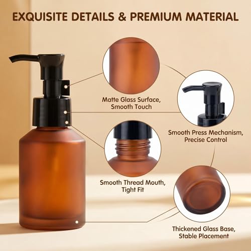2Pcs 60ml 2oz Amber Frosted Glass Pump Bottles Lotion Dispenser Empty Refillable Travel Size Cosmetic Toiletries Sample Storage Container Vial Jar with Black Pump for Shampoo Cream