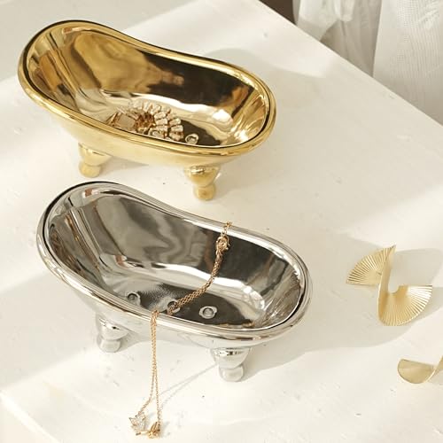 5.6" Ceramic Mini Bathtub Soap Dish Decortative Clawfoot Bathroom Soap Dish (Golden) - color: Golden