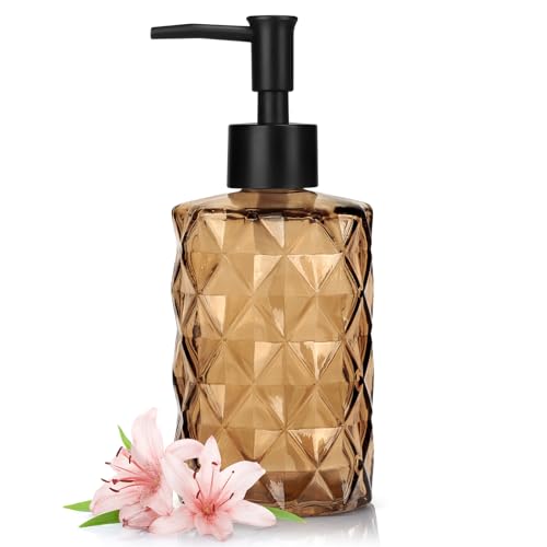 1 Pack 13.5oz Glass Soap Dispenser with Plastic Pump, Diamond Stripe Design Refillable Hand Soap Dispenser for Hand Wash, Bathroom and Kitchen - color: Crystal Dark Brown