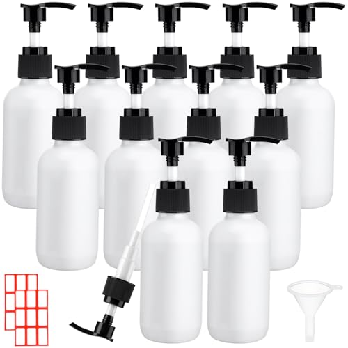 Tanlade 12 Pcs Glass Pump Bottle Dispenser 4 oz Travel Bottles with Pump Refillable Glass Containers for Toiletries Lotion Liquid Soap Shampoo Essential Oils Cosmetic Travel Accessories (White Black) - color: White Black