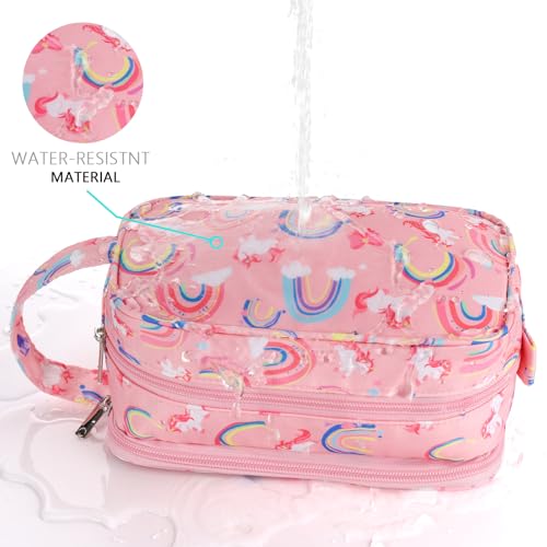 Unicorn Kids Toiletry Bag for Girls, Travel Toiletry Bag for Little Young Girls Cosmetic Bag Makeup Bag Waterproof Hanging Wash Bag Toddler Toiletries, Rainbow Pink - color: Rainbow Unirorn