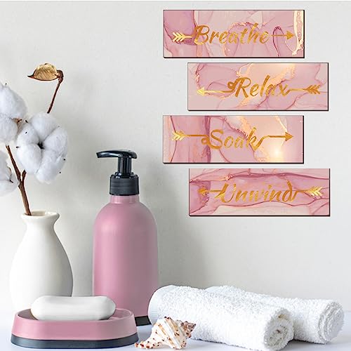 Lnond 4 Pieces Pink Gold Marble Bathroom Wall Decor, Relax Soak Unwind Breathe Signs Decor, Wood Hanging Wall Art for Bathroom Spa Room (12 x 4 Inch