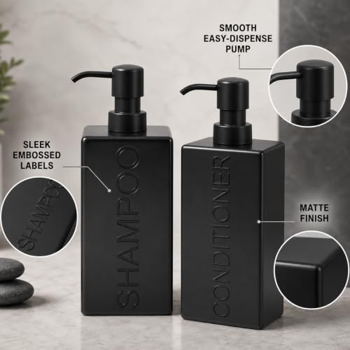 Rectangular Resin Dispenser Premium Bathroom Shampoo Conditioner Body Wash Bottle Modern Refillable Pump Design - color: Black