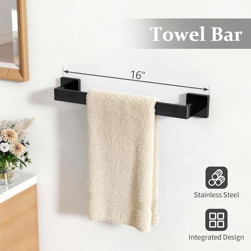STWWO 5-Piece Matte Black Bathroom Accessories Hardware Set | Stainless Steel Towel Racks for Bathroom, 16 Inch Bath Towel Bar Set Wall Mounted - color: Matte Black, size: 16 inch-5pcs