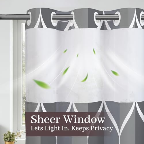 Yiatn Grey Blue No Hook Shower Curtain with Snap in Liner - Hotel Style with See Through Mesh Top Window, Modern Geometric Waterdrop Design,Waterproof and Washable,- 71x74 INCH - color: Grey Blue, size: 71"W x 74"L (Pack of 1)