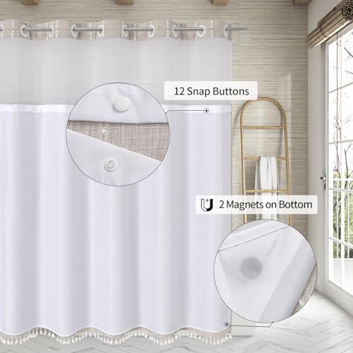 MitoVilla No Hooks Needed Farmhouse Shower Curtain with Snap-in Liner - with Window & Magnets, Taupe Boho Cotton Linen Fabric Shower Curtains with Tassels for Rustic Bathroom Decor, 72 x 74 - color: Taupe - Win