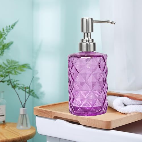 12Oz Purple Glass Soap Dispenser with Stainless Steel Pump, Refillable Kitchen Liquid Hand Soap Dispenser with Diamond Design, for Dispense Hand soap, Dish Soap, Lotion, Bathroom, Countertop, Hotel - color: Purple Diamond