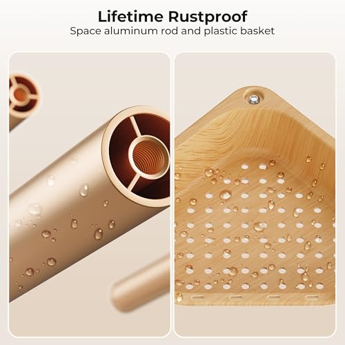 Orimade Rustproof 4 Tier Floor Standing Corner Shower Caddy Organizer, Plastic Aluminum Splicing Floor Corner Shelf Rack Storage Stands for Bathroom, Wood Grain Surface - color: Wood Grain-aluminum, size: 4 Tier