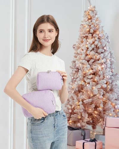 Narwey Striped Makeup Bag Travel Cosmetic Bag Organizer Toiletry Bag Make Up Bags with Compartments for Women Girls (Large, Purple Stripe) - color: A-Purple Stripe, style: Large
