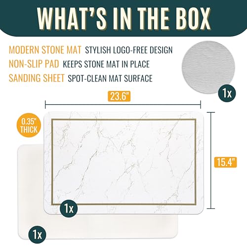 Stone Bath Mat – Super Absorbent Diatomaceous Earth Bath Mat, Quick-Drying Stone Bath Mats for Bathroom, Easy to Clean Bathroom Mat Quick Dry, 24 x 16 inch, White Modern Marble