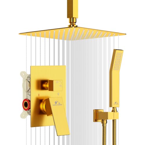 SunCleanse Rainfall Shower Faucet Set Brushed Gold Shower Combo Set for Bathroom with High Pressure 10 inch Shower Head with Handheld Shower Valves Shower Head and Handheld Ceiling Mounted - color: Brushed Gold, style: 10-ceiling