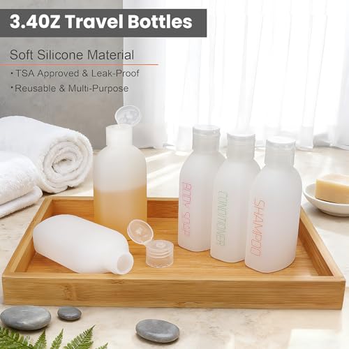 Cosywell Travel Bottles for Toiletries 5 Pack 3.4oz Pre-Printed Shampoo, Conditioner & Body Soap - Soft Touch HDPE Travel Size Containers TSA Approved Leak Proof Squeezable Toiletry Bottle(White) - color: White, style: A-3.4oz-white-3label2blank
