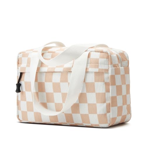 Large Makeup Bag for Women Corduroy Cosmetic bag Make up Bags Zipper Pouch with handle Cosmetic Organizer Toiletry Bag for Travel Storage - color: 21-Checkered Orange White