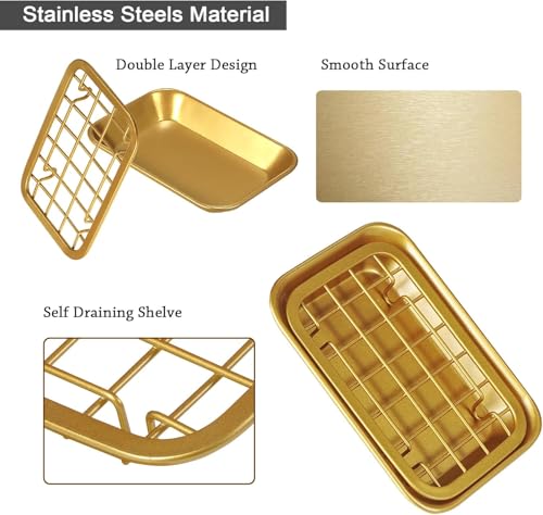 SheeChung Kitchen and Bathroom Soap Dish Tray - Metal Soap Dish Tray with Drainage Grid and Holder for Kitchen Sink Countertops to Store Soap, Sponges, Scrubbers - Rust Resistant (Gold) - color: Gold