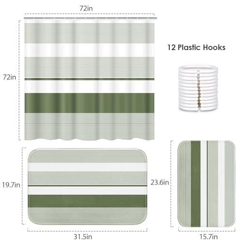 ArtSocket Green Striped Bathroom Set with Shower Curtain and Bath Rugs and Accessories,Boho Modern Non-Slip Shower Curtain Set,Bathroom Decor 3 Pcs - color: Green Striped