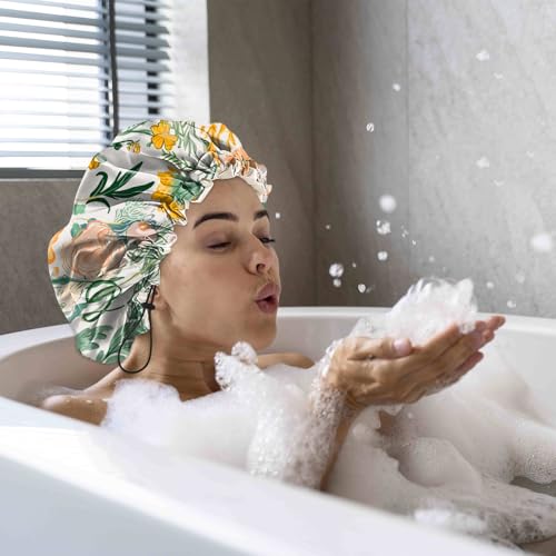 Luxury Shower Cap Satin Silk Lined Adjustable Elastic Reusable Waterproof Shower Bath Cap Cute for Women Girls-Orange Flower - color: AK6-Orange Flower