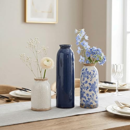 Vintage Ceramic Vase Set of 3, Blue and White Small Flower Vase Chinoiserie Rustic Modern Farmhouse Centerpiece Decorative Vases for Table Entryway Bookshelf Living Room Kitchen Home Decor - color: Vintage- Blue