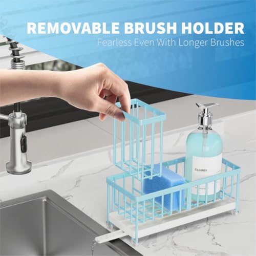 Cisily Sponge Holder for Kitchen Sink, Sink Caddy Organizer with High Brush Holder, Kitchen Countertop Organizers and Storage Essentials, Rustproof 304 Stainless Steel (Blue, 9.25″) - color: Blue - 9.25″