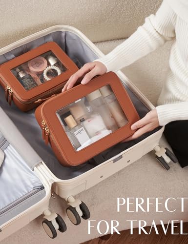 Popvibe Clear Makeup Bag Toiletry Case Travel Transparent Cosmetic Bag with Zipper, Portable Make Up Organizer Traveling Compact Car Bag for Essentials - color: Brown, style: Large Luxe