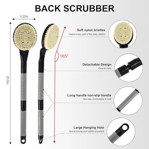 Back Scrubber Anti Slip for Shower, 21.7” Detachable Back Bath Brush for Shower, Back Scrubber, Exfoliation and Improved Skin Health for Elderly with Limited Arm Movement, Disabled (21.7” Black) - color: 21.7” Black