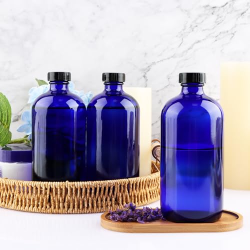 PINIWON 12 Pack 16 oz Cobalt Blue Glass Bottles, Boston Round Sample Bottles with Black Poly Cone Caps, Labels and Funnels - color: Cobalt Blue