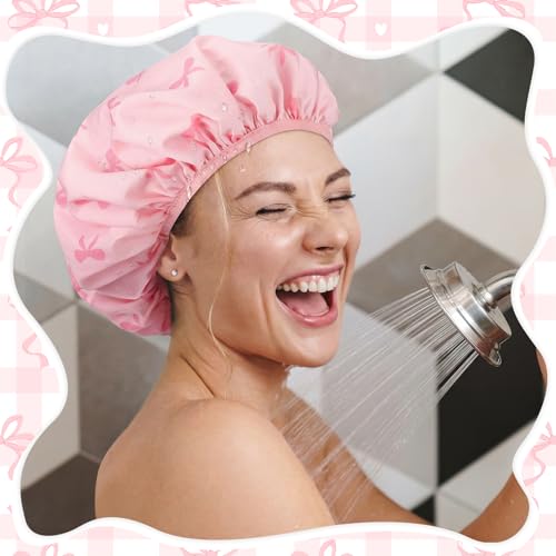 Janmercy Terry Lined Shower Cap for Women Pink Bow Extra Large Waterproof Shower Cap Reusable Double Layer Large Bath Hair Bonnet Washable Quick Dry for Braids Long Straight Curly Hair Women Gifts - color: Flat Bow, style: Pink Bow