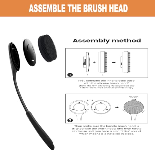 Long Handle Back Scrubber for Shower with 3 Interchangeable Heads-Black | Ergonomic Curved Handle,Non-Slip Silicone Grip,Premium Gift Box,Use in Wet and Dry,Cleaning and Exfoliation - color: Black